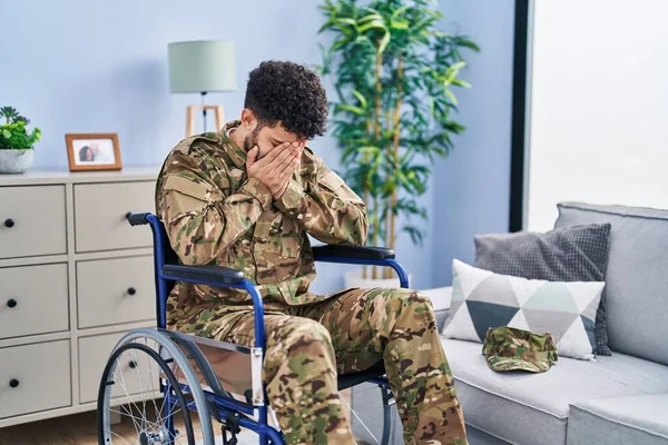 Arab Man Wearing Camouflage Army Uniform Sitting Wheelchair Sad Expression — Stock Photo, Image