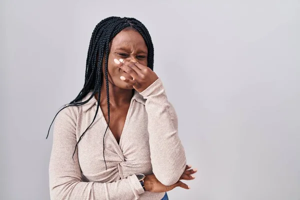 African Woman Braids Standing White Background Smelling Something Stinky Disgusting — Photo