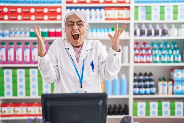 Middle Age Woman Tattoos Working Pharmacy Drugstore Celebrating Mad Crazy — Stock Photo, Image