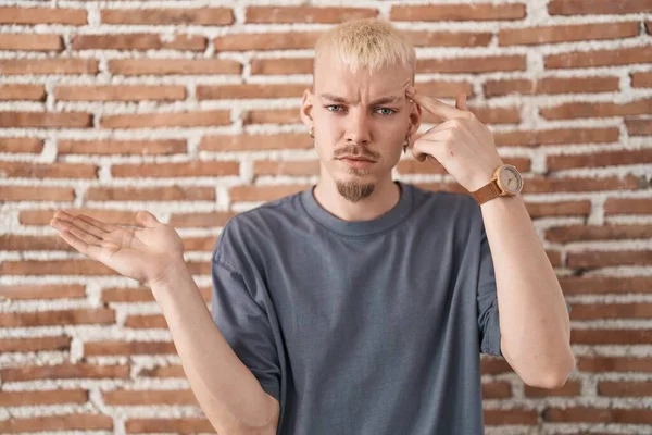 Young Caucasian Man Standing Bricks Wall Confused Annoyed Open Palm — Stock Photo, Image