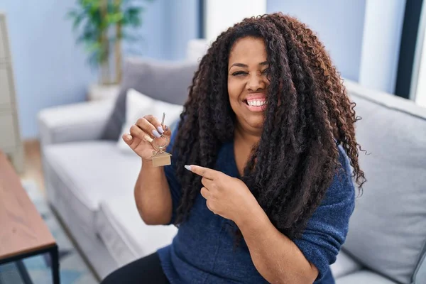 Plus size hispanic woman holding keys of new home smiling happy pointing with hand and finger