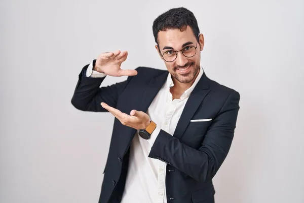 Handsome Business Hispanic Man Standing White Background Gesturing Hands Showing — 图库照片