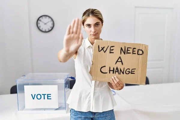 Young Blonde Woman Political Election Holding Need Change Banner Open — Stock Photo, Image