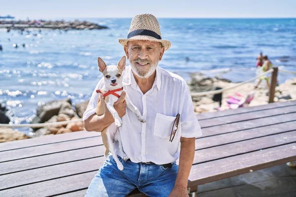 Senior Man Wearing Summer Hat Hugging Chihuahua Seaside — Stock Photo, Image