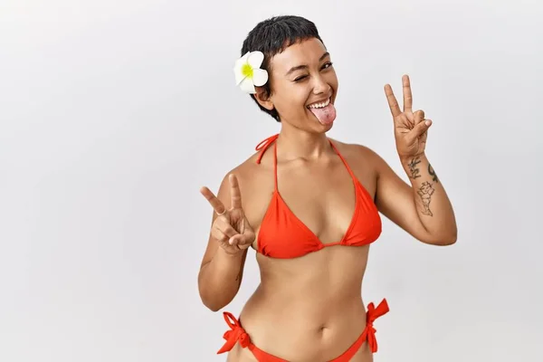 Young Hispanic Woman Short Hair Wearing Bikini Smiling Tongue Out —  Fotos de Stock