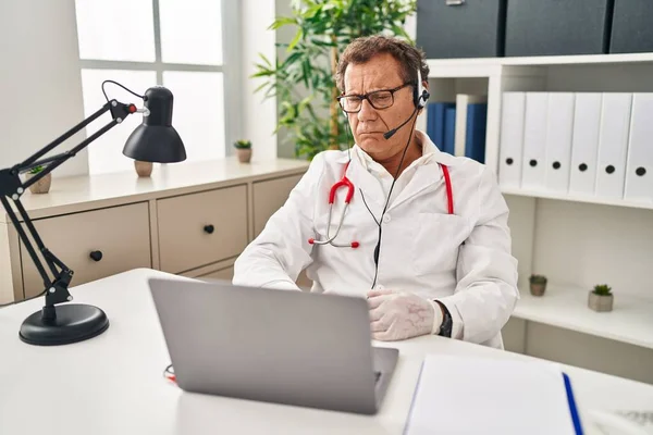 Senior Doctor Man Working Online Appointment Skeptic Nervous Frowning Upset — Stock Photo, Image
