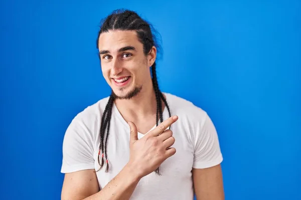 Hispanic Man Long Hair Standing Blue Background Cheerful Smile Face —  Fotos de Stock