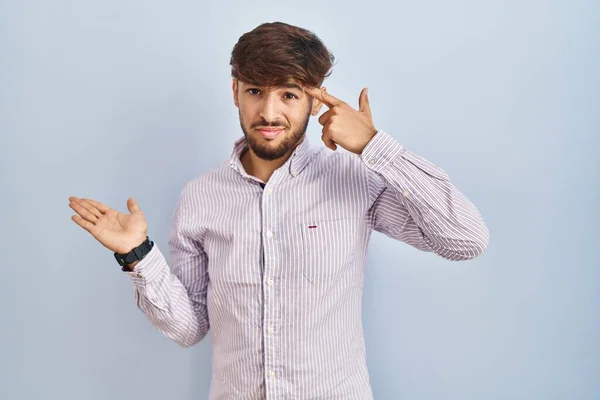 Arab Man Beard Standing Blue Background Confused Annoyed Open Palm — Fotografia de Stock
