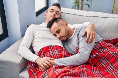 Two men couple lying on sofa sleeping at home