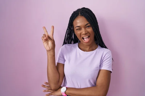 African American Woman Braids Standing Pink Background Smiling Happy Face — Zdjęcie stockowe