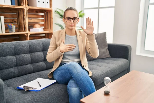 Young Woman Working Consultation Office Swearing Hand Chest Open Palm — Stockfoto