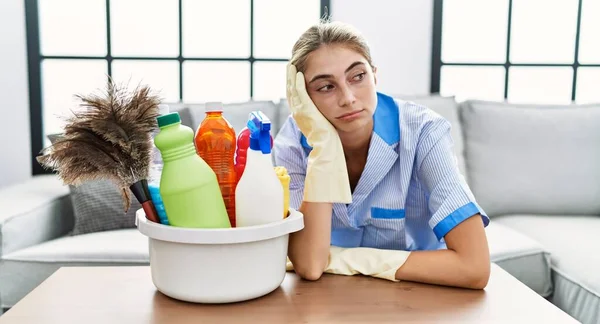 Young Caucasian Woman Tired Wearing Cleaner Uniform Home — Stock Photo, Image