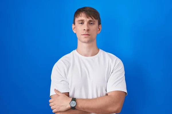 Caucasian Blond Man Standing Blue Background Skeptic Nervous Disapproving Expression — Stockfoto