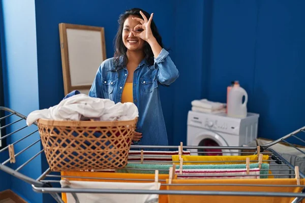 Young Asian Woman Hanging Clothes Clothesline Doing Gesture Hand Smiling — Stock Photo, Image