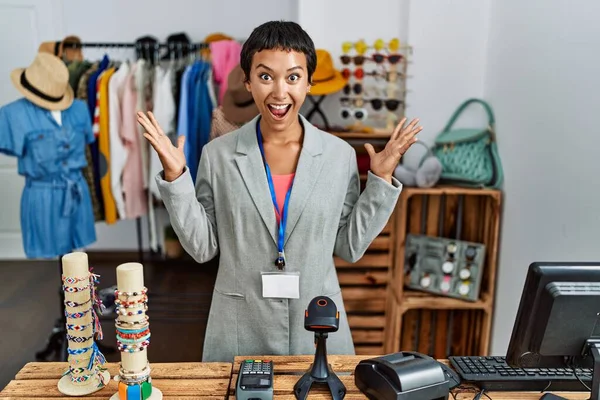 Young Hispanic Woman Short Hair Working Manager Retail Boutique Celebrating — Stok fotoğraf