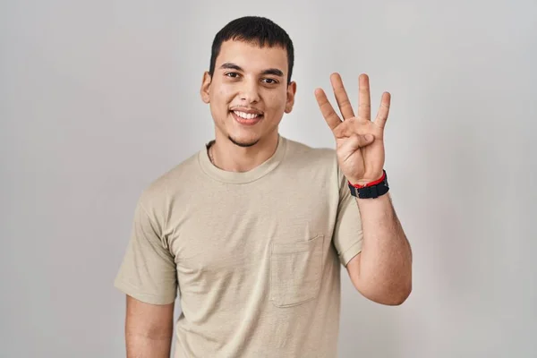 Young Arab Man Wearing Casual Shirt Showing Pointing Fingers Number — Stock fotografie