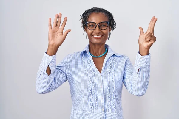 African Woman Dreadlocks Standing White Background Wearing Glasses Showing Pointing — Fotografia de Stock