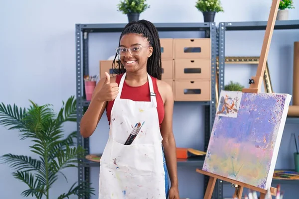 Young African American Braids Art Studio Painting Canvas Smiling Happy — Foto Stock