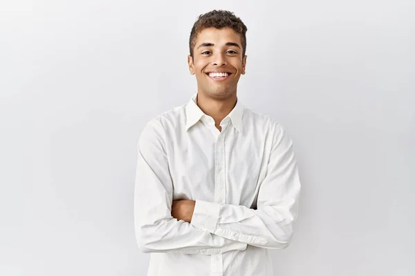 Homem Hispânico Bonito Jovem Sobre Fundo Isolado Rosto Feliz Sorrindo — Fotografia de Stock