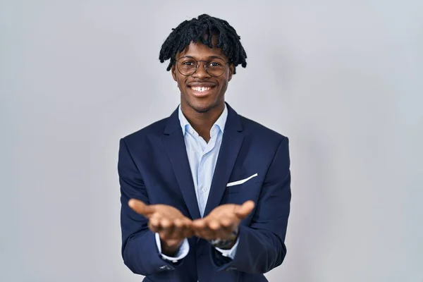 Young African Man Dreadlocks Wearing Business Jacket White Background Smiling — Stok fotoğraf