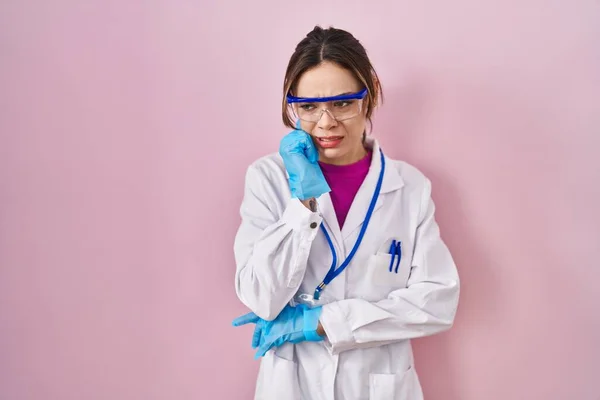 Hispanic Woman Wearing Scientist Uniform Looking Stressed Nervous Hands Mouth — Zdjęcie stockowe