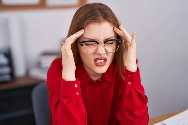Young Redhead Woman Business Worker Stressed Working Office — Stock Photo, Image