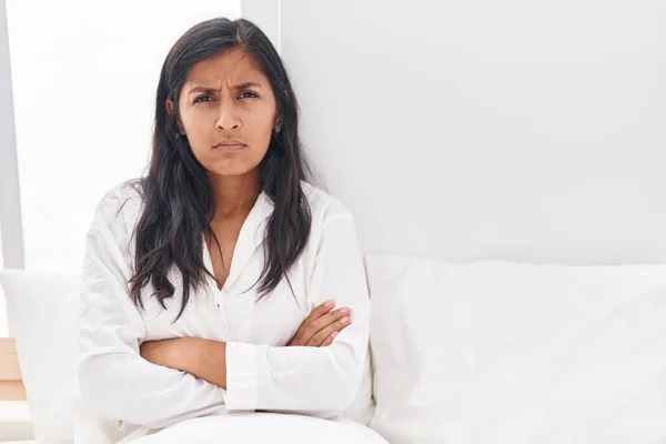 Young Beautiful Hispanic Woman Sitting Bed Unhappy Expression Arms Crossed — Stock Photo, Image