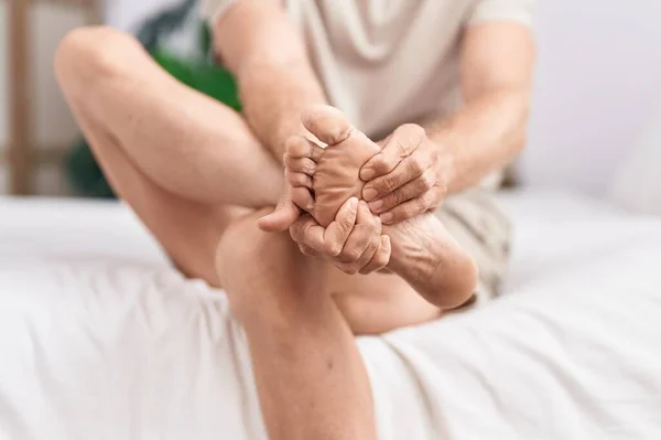 Young Man Suffering Feet Pain Sitting Bed Bedroom — Stock Photo, Image