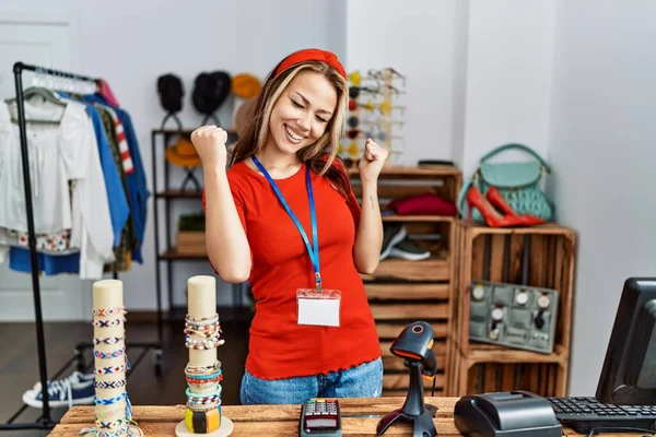 Young Caucasian Woman Working Manager Retail Boutique Very Happy Excited — Stockfoto