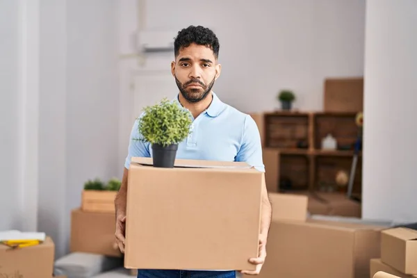 Hispanic Man Beard Moving New Home Holding Box Depressed Worry — Stock Photo, Image
