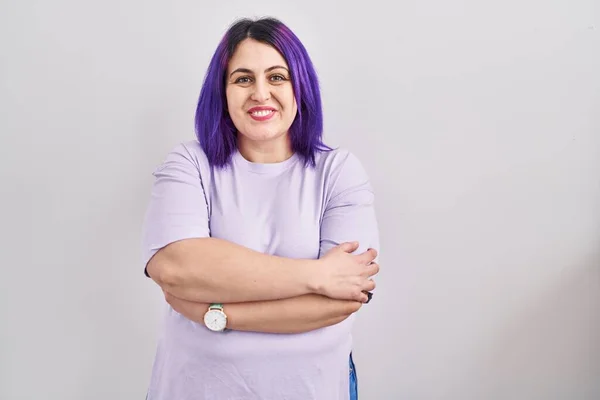 Size Woman Wit Purple Hair Standing Isolated Background Happy Face — Stockfoto