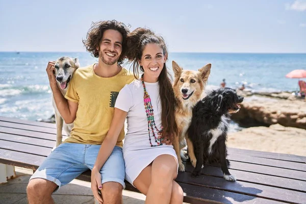 Kadın Erkek Gülümsüyor Kendilerine Güveniyorlar Deniz Kenarında Köpeklerle Sarılıyorlar — Stok fotoğraf