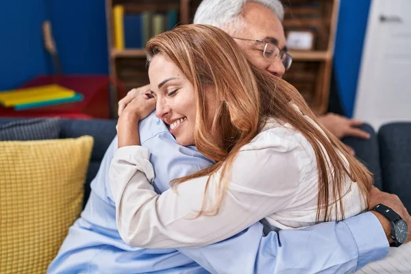 Middle Age Man Woman Couple Hugging Each Other Sitting Sofa — Stock Photo, Image
