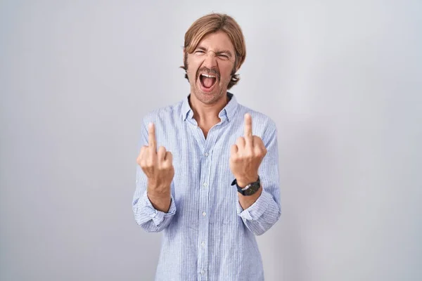 Caucasian Man Mustache Standing White Background Showing Middle Finger Doing — 图库照片