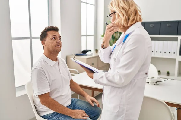 Middle Age Man Woman Doctor Patient Having Medical Consultation Clinic — Stock Photo, Image
