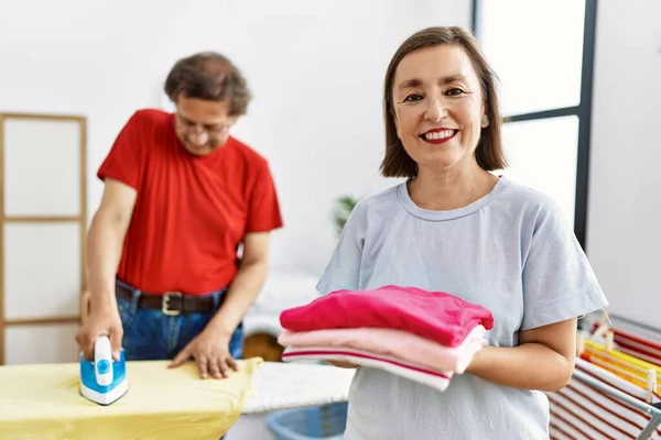 Middle Age Man Woman Couple Smiling Confident Ironing Clothes Laundry — Stock Photo, Image