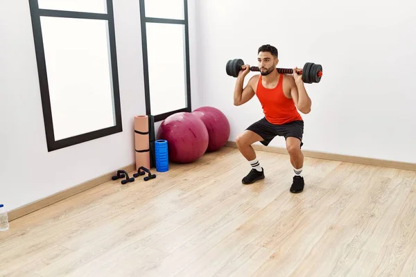 Young Arab Man Training Dumbbells Sport Center — Photo