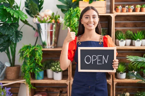 Young Hispanic Woman Working Florist Holding Open Sign Smiling Happy — Foto Stock