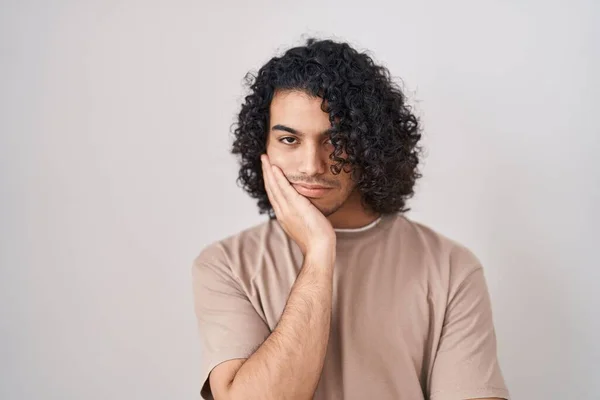 Hispanic Man Curly Hair Standing White Background Thinking Looking Tired — Stock Photo, Image