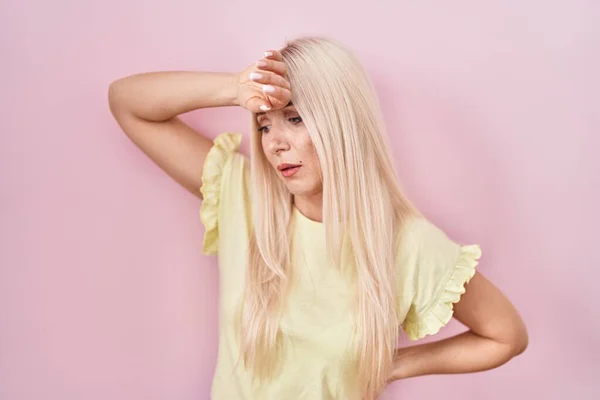 Caucasian Woman Standing Pink Background Touching Forehead Illness Fever Flu — Fotografia de Stock