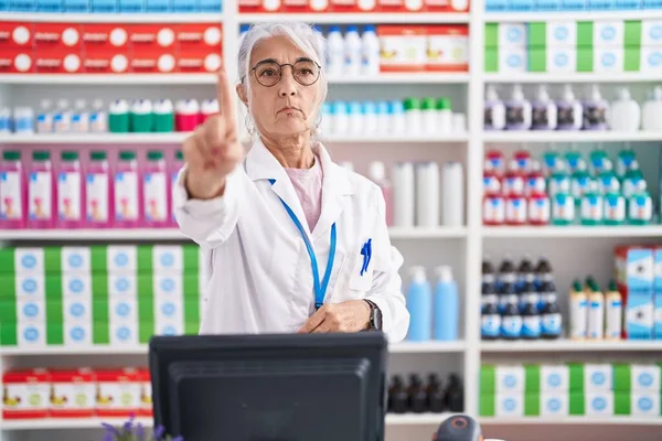 Middle Age Woman Tattoos Working Pharmacy Drugstore Pointing Finger Angry — Stock Photo, Image