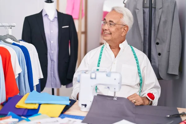 Middle Age Man Grey Hair Dressmaker Using Sewing Machine Looking — Stock Photo, Image