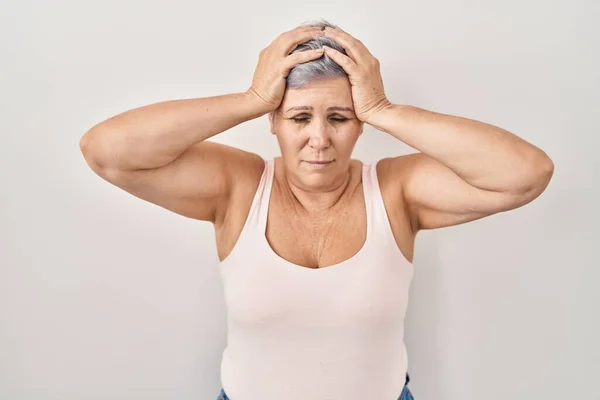 Middle Age Caucasian Woman Standing White Background Suffering Headache Desperate — Fotografia de Stock