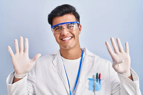Hispanic Man Working Scientist Showing Pointing Fingers Number Nine While — Stock Photo, Image