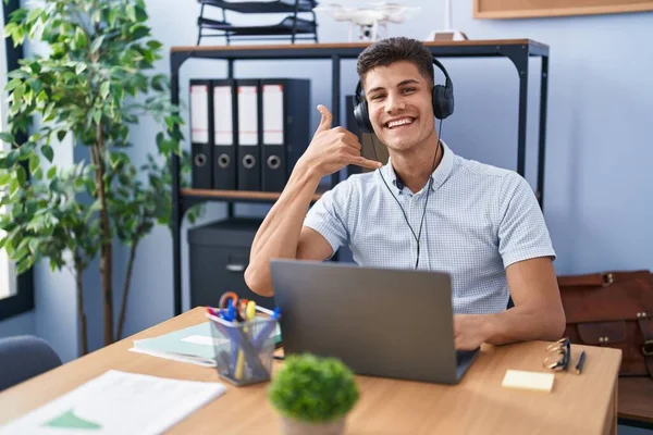 Young Hispanic Man Working Office Wearing Headphones Smiling Doing Phone — Stock Photo, Image