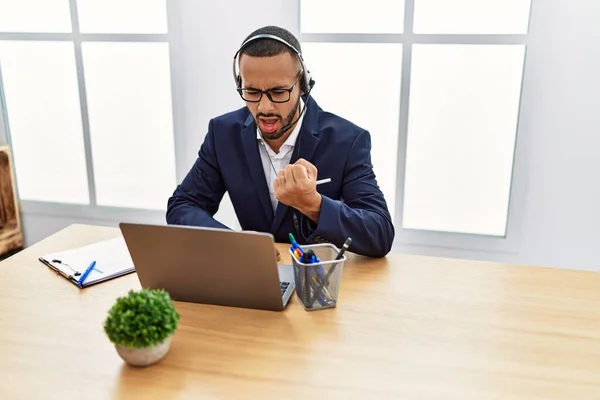 African American Young Man Wearing Call Center Agent Headset Office — Stok fotoğraf