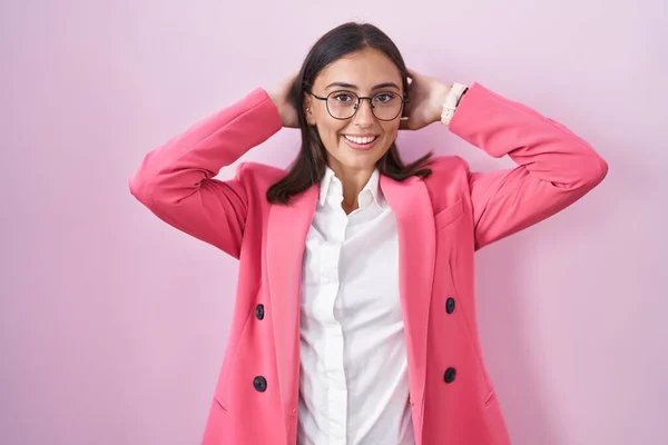 Young Hispanic Woman Wearing Business Clothes Glasses Relaxing Stretching Arms — Zdjęcie stockowe