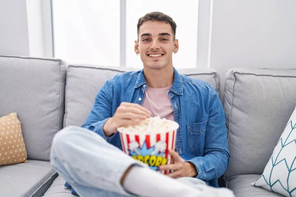Young Hispanic Man Watching Movie Sitting Sofa Home — Photo
