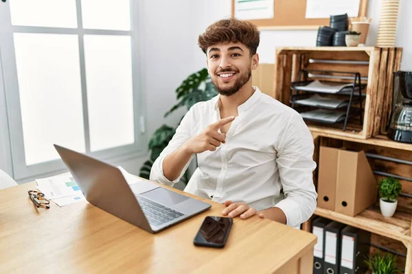 Young Arab Man Working Using Computer Laptop Office Smiling Happy — Fotografia de Stock
