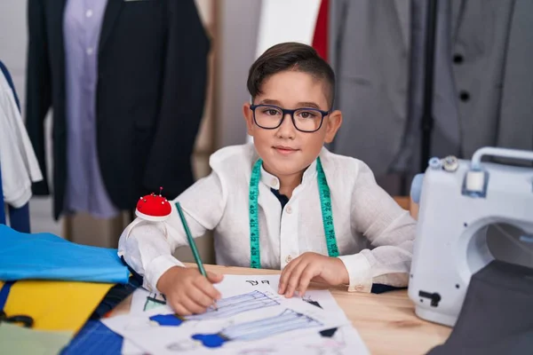 Young Hispanic Kid Tailor Room Looking Positive Happy Standing Smiling — Stock Photo, Image